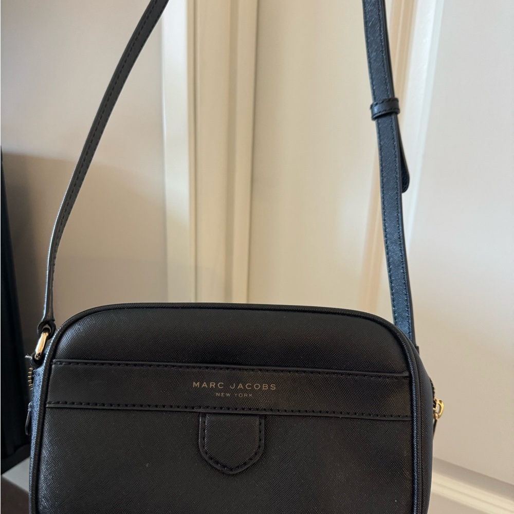 Marc Jacobs Black Leather Crossbody Camera Bag with Gold Hardware